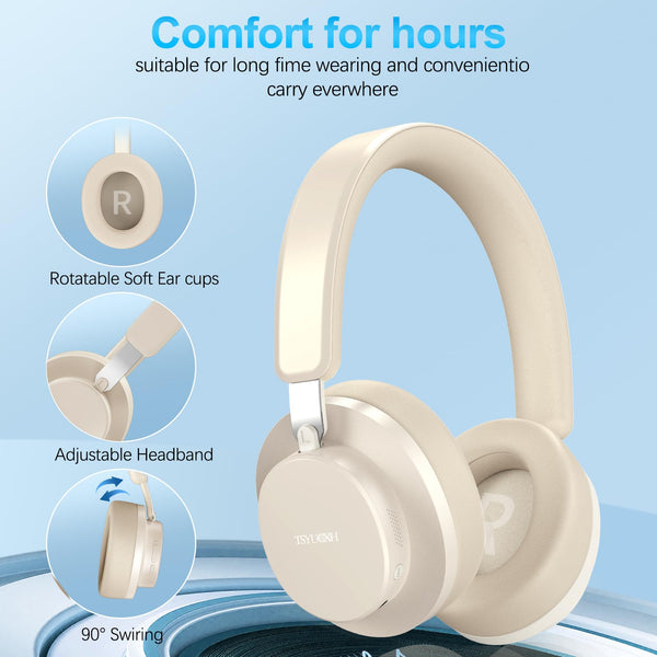 Noise Cancelling Headphones Wireless Bluetooth, Over Ear Headphones Bluetooth with Microphone, Cancelling Wireless Headphone Over Ear, 65h Playtime, Clear Calls, Comfort Fit For Travel (Beige)