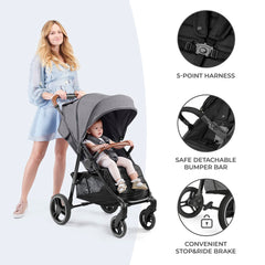 Kinderkraft GRANDE PLUS Stroller pushchair for toddlers from Birth to 22 kg, Extra-large hood, Lie-flat position, Folding with one hand, Shock absorption on all wheels, Black