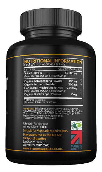 Shilajit Capsules 16,000mg -120 Days Supply - 60% Fulvic Acid - Added Ashwagandha, Lions Mane, Turmeric and Black Pepper - High Strength Himilayan Shalajit