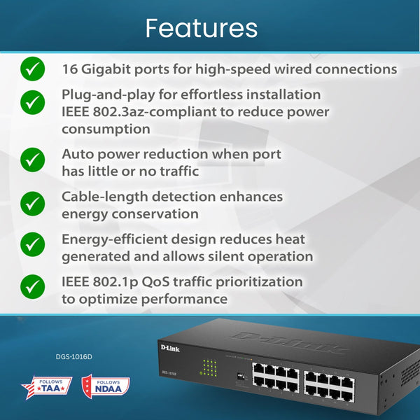 D-Link DGS-1016D 16-Port Green Ethernet Copper Gigabit Switch, Hub, Internet Splitter, Metal, Fanless, Plug and Play - UK Model, black DGS-1016D
