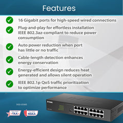 D-Link DGS-1016D 16-Port Green Ethernet Copper Gigabit Switch, Hub, Internet Splitter, Metal, Fanless, Plug and Play - UK Model, black DGS-1016D