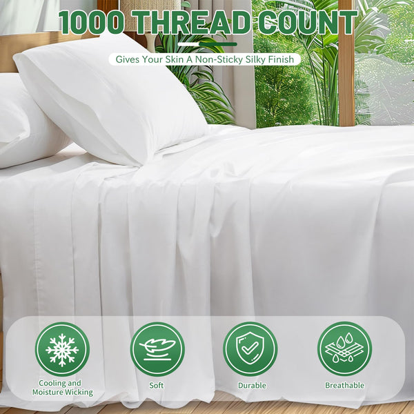 Overket 1000 Thread Count Egyptian Cotton Sheets Queen Size Set Sateen Weave Soft Breathable 16-Inch Deep Pocket 4PCS（Queen,White）