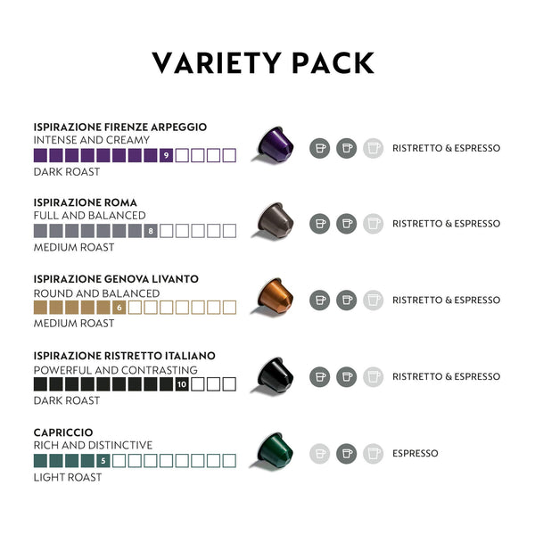 Nespresso Original Coffee Pods, 50 Mixed Pack - 10 Arpeggio, 10 Ristretto, 10 Capriccio, 10 Roma, 10 Livanto Capsules for Nespresso Machines. Make Espressos, Cappuccino and Macchiato. Recyclable Pods