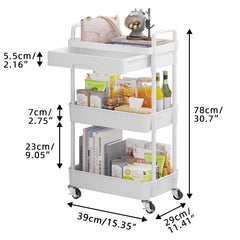 Wuciray Beauty Trolley on Wheels 3 Tier Storage Trolley with Drawer Plastic Beauty Trolleys Rolling Utility Cart Craft Trolleys on Wheels for Home Kitchen Bathroom Laundry Office White