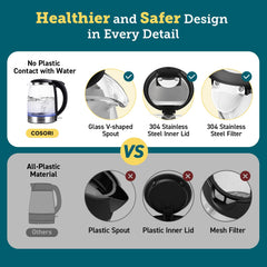 Cosori Kettle, 3000W, Food-Grade Stainless Steel Filter & Inner Lid, Glass Spout, BPA Free, Easy-Clean & No-Splash Design, Electric Fast Boil Tea Kettles With LED, Boil-Dry Protection, Black