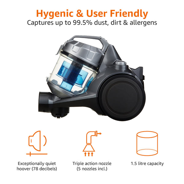 Amazon Basics Cylinder Bagless Vacuum Cleaner with HEPA filter for Hardfloor, Carpet & Car, Compact & Lightweight, 700W, 1.5L, Black