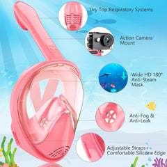 Kids Snorkel Mask Full Face, Snorkeling Gear for Kids 3-14 with Camera Mount, 180 Degree Panoramic View Snorkeling Set Anti-Fog Anti-Leak (Blue+Pink)