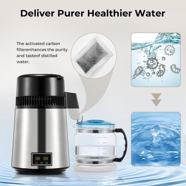 Water Distiller, 4.2L Upgraded Stainless Steel Distilled Water Machine, Distilled Water Maker with LCD Panel & Glass Container, Countertop Water Distiller for Home with Temperature Setting, Silver