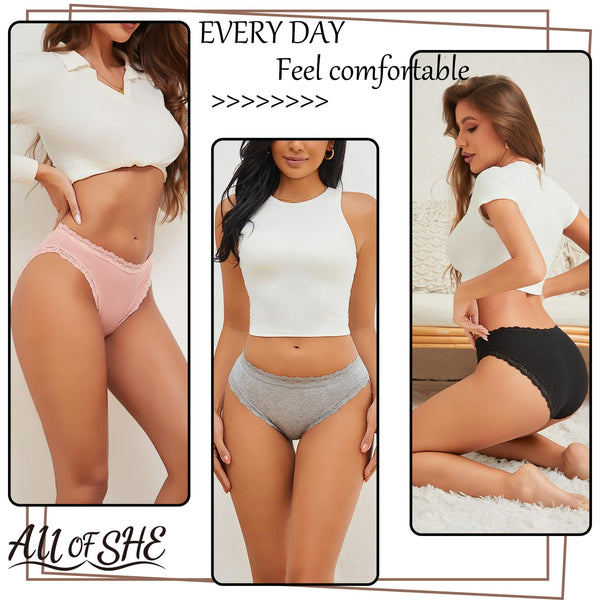 ALL OF SHE Cotton Underwear Women 5 Pack Ladies Knickers Multipack Soft Breathable Lace Trim Panties Comfortable Everyday Briefs-M