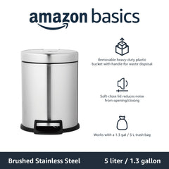 Amazon Basics Round Cylindrical Soft-Close Small Trash Can With Foot Pedal for Bathroom and small space, 5 l, Brushed Stainless Steel