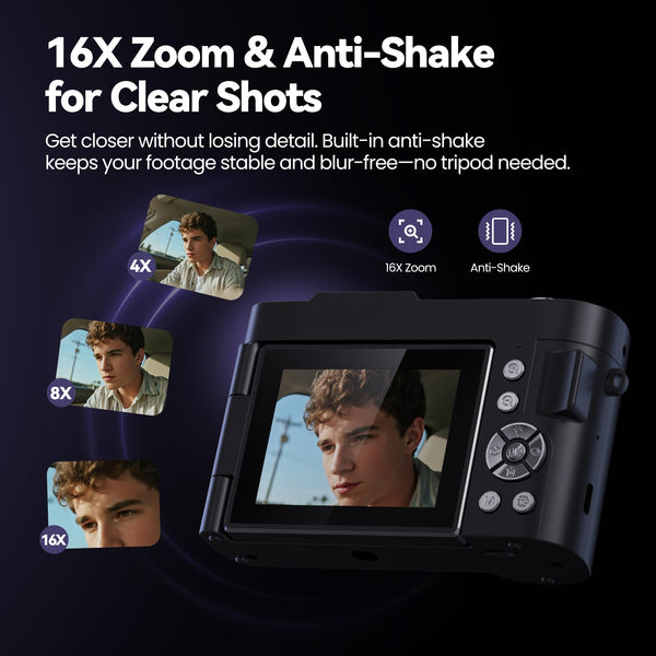 Digital Camera 4K for Photography Vlogging: 48MP Cameras for Video - 16X Zoom Photo Camera Gifts for Teens Ages 8-16 - 180°Flip Screen Compact Cámara - Point and Shoot Digital Cameras for YouTube