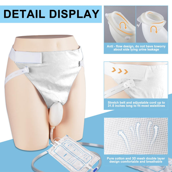 Wearable Urine Collector with Soft Silicone Cup, Adjustable Breathable Pants, Long Drainage Tube, 1000ml Day Bag and 2000ml Night Bag, External Catheter for Men for Elderly Male Black