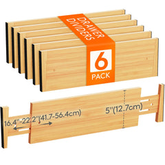 Lifewit 5" High 6 Pack Bamboo Drawer Dividers 45-55cm/17.5-22" Adjustable Wooden Drawer Organiser for Clothes, Expandable Kitchen Drawer Dviders, Drawer Separator in Bedroom/Bathroom/Dresser/Office