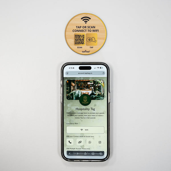 TAPiTAG Bamboo WiFi Porter – NFC Tap & QR Code WiFi Sign | Connect to WiFi in Seconds | No App Required | No Subscription | Custom Landing Page | Café, Airbnb, Hotel & Office (70mm)