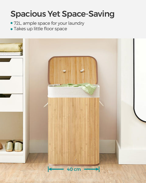 SONGMICS Laundry Basket with Lid 72L Bamboo Foldable Laundry Basket with Removable Washable Bag Handles for Laundry Room Bedroom LCB10Y
