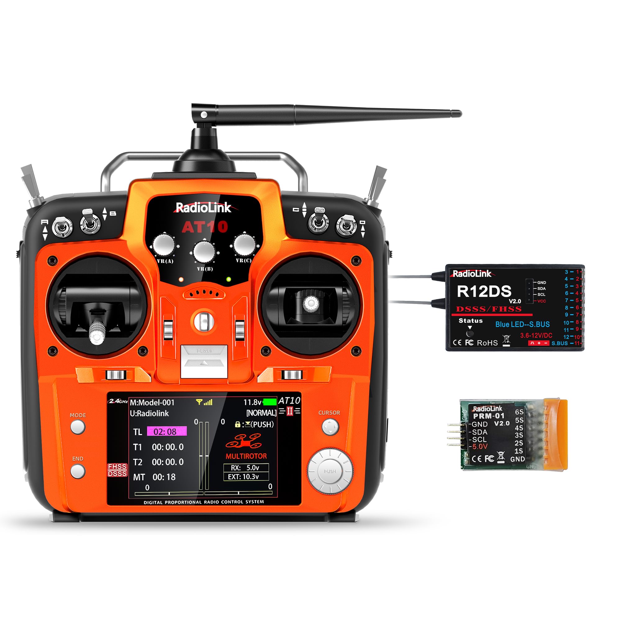 Radiolink AT10II 12 Channels RC Transmitter and R12DS Receiver Kit with PRM-01,Voltage Telemetry,2.4GHz Radio 4KM Remote Controller Receiver Kit for RC Airplane,Racing Drone,Helicopter,Car,Boat(Mode2)