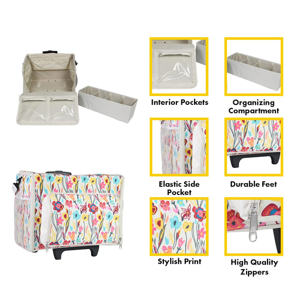 Everything Mary Craft Trolley Bag on Wheels, Cream aand Multi Floral - Craft Organiser on Wheels for Sewing, Scrapbooking, Paper Craft, and Art - Storage Case for Supplies and Accessories -