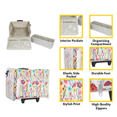 Everything Mary Craft Trolley Bag on Wheels, Cream aand Multi Floral - Craft Organiser on Wheels for Sewing, Scrapbooking, Paper Craft, and Art - Storage Case for Supplies and Accessories -
