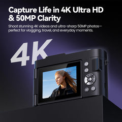 Digital Camera 4K for Photography Vlogging: 48MP Cameras for Video - 16X Zoom Photo Camera Gifts for Teens Ages 8-16 - 180°Flip Screen Compact Cámara - Point and Shoot Digital Cameras for YouTube