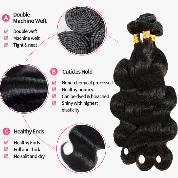 Body Wave Human Hair Bundles 16 18 20 Inch 3 Bundles 12A 100% Unprocessed Brazilian Virgin Body Wave Bundles Human Hair Extensions Quick Weave Bundles Natural Black Color
