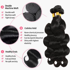 Body Wave Human Hair Bundles 16 18 20 Inch 3 Bundles 12A 100% Unprocessed Brazilian Virgin Body Wave Bundles Human Hair Extensions Quick Weave Bundles Natural Black Color