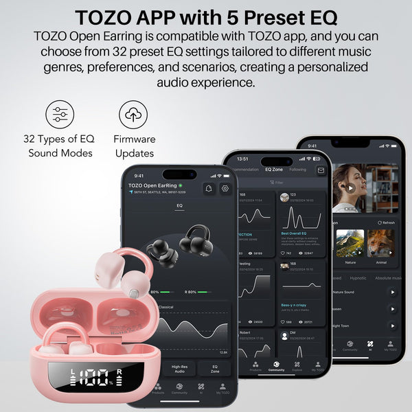 TOZO OpenEarRing Open Ear Headphones, Clip On Earphones, Lightweight Comfort, Wireless Open Ear Earbuds with Smart Digital Display, 40H Playtime, IPX5 Waterproof, Bluetooth 5.4, Custom EQ (Pink)