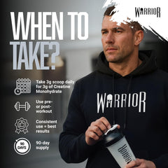 Warrior Creatine Monohydrate Powder 300g (100 Servings) – Pure Micronised Creatine Powder Supplement for Men & Women, Pre & Post Workout Strength, Muscle Growth & Recovery, Vegan – Unflavoured