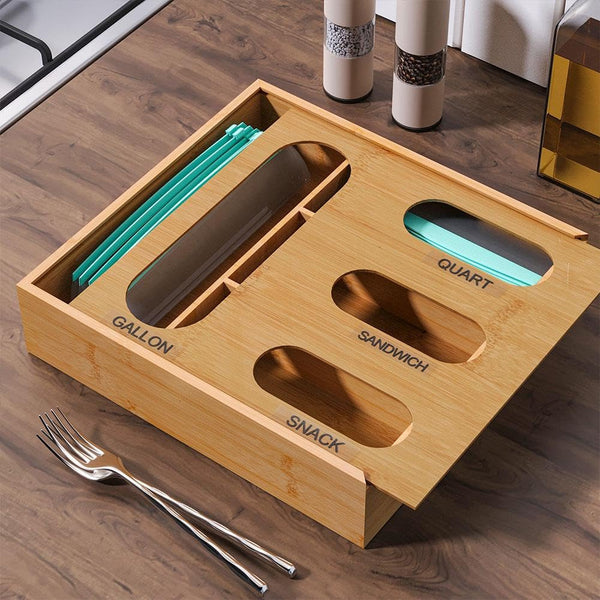 SHUZHENG Food Ziplock Bag Storage Organizer For Kitchen Drawer, Bamboo Baggie Holder,Bamboo Organizer, Compatible with Gallon, Quart, Sandwich and Snack Variety Size Bag
