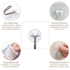 30 Pcs Self Adhesive Heavy Duty Wall Hooks, 22 lb/10 kg Max, Transparent Strong Adhesive Sticker Hook Wall Hook, No Drilling Sticky Hanging Hooks for Bathroom Kitchen Corner Shower Caddy Shelf Basket