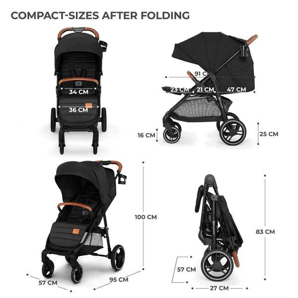 Kinderkraft GRANDE PLUS Stroller pushchair for toddlers from Birth to 22 kg, Extra-large hood, Lie-flat position, Folding with one hand, Shock absorption on all wheels, Black