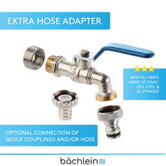 Bächlein Universal Water Tap for the Garden [Blue] incl. 2 Hose Connections - Noble Ball Valve with 1/2 and 3/4 Inch Connection, Outlet Tap Outside