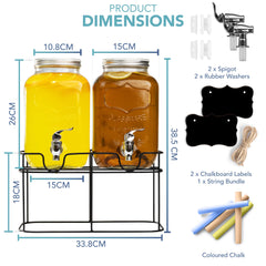 HEFTMAN Glass Drink Dispenser with Tap - 2 x 4 Litre Mason Jar Drink Dispenser with Leakproof Tap & Metal Wire Stand - Drinks Dispenser, Cocktails, Empty Beverage Dispenser