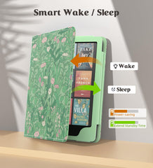 MoKo Case for 7"/6.8" Kindle Paperwhite(12th/11th Gen-2024/2021) and Kindle Colorsoft Signature Edition, Slim PU Shell Cover Case with Auto-Wake/Sleep for Kindle Paperwhite 2024, Green Flower