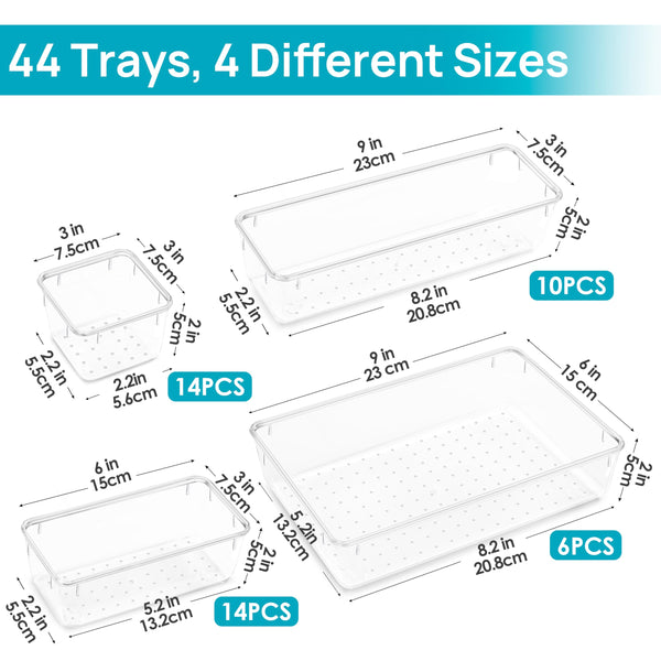 Vtopmart 44 Pack Drawer Organiser, 4-Size Desk Organiser Drawers, Clear Plastic Storage Bins for Makeup, Bedroom, Kitchen Gadgets Utensils and Office