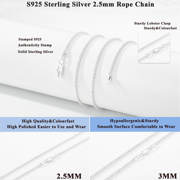 Avotto 925 Sterling Silver Chain for Men 2.5mm Mens Silver Chain Necklace Rope Chains Neckalce for Men Boys Kids Teen Boys Valentines Jewelry Gifts 18 Inch