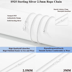 Avotto 925 Sterling Silver Chain for Men 2.5mm Mens Silver Chain Necklace Rope Chains Neckalce for Men Boys Kids Teen Boys Valentines Jewelry Gifts 18 Inch