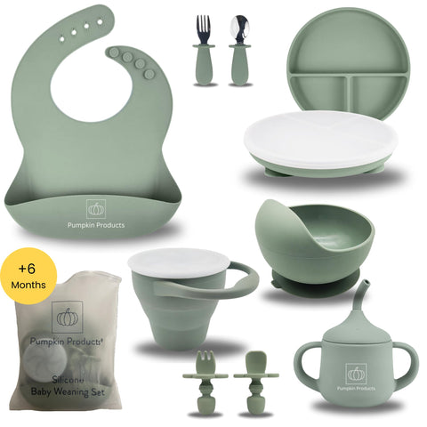 Pumpkin Products® Silicone Baby Weaning Set. Baby & Toddler. Four Suction-Cup Plate, Suction Bowl, Adjustable Bib, Weaning + Stainless Spoon & Fork Sets, Sippy Cup, Collapsible Snack Cup (Sage Green)