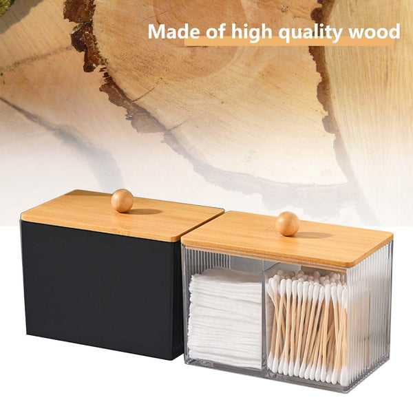 SVOCK Clear Acrylic Cotton Wool Holder 3 Compartment Cotton Bud Holder with Wood Lid, Qtips Holder Dispenser Bathroom Jars with Lid, bathroom essentials Square-Shaped (Clear)