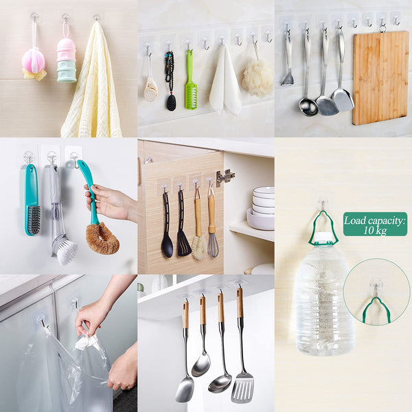 30 Pcs Self Adhesive Heavy Duty Wall Hooks, 22 lb/10 kg Max, Transparent Strong Adhesive Sticker Hook Wall Hook, No Drilling Sticky Hanging Hooks for Bathroom Kitchen Corner Shower Caddy Shelf Basket