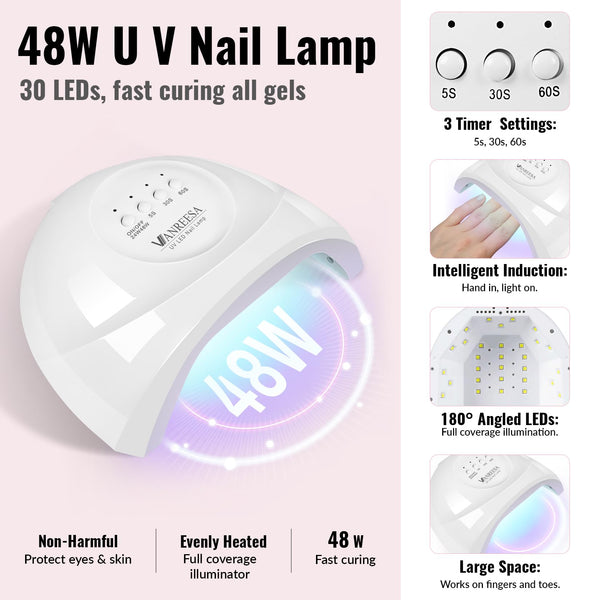 VANREESA Gel Nail Polish Set, 77 PCS Gel Nail Kit with U V Lamp 55 Colours White Nude Pink Gels Polish Set with Base and Top Coat Manicure Tools Nail Salon Sets DIY at home Gifts for Women
