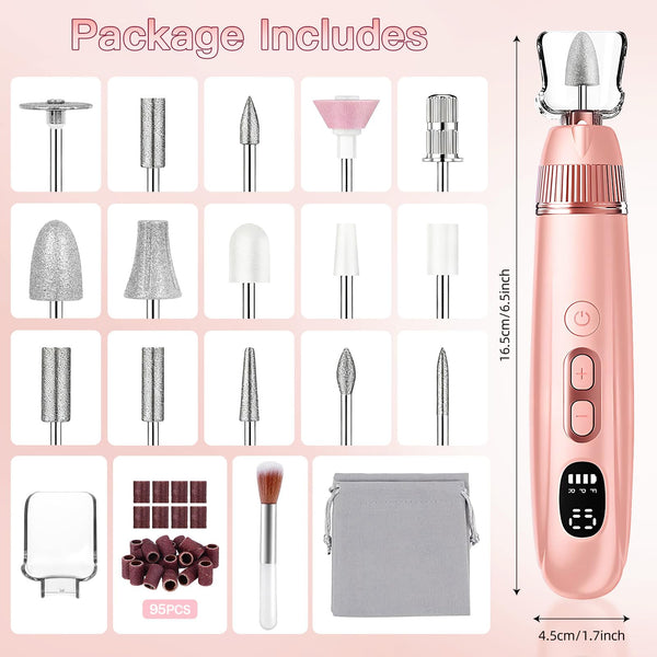 Electric Nail File, Professional Cordless Electric Nail Drill, 15 in 1 Nail Files Dust Cover Pedicure Sets - Rechargeable Nail Drill Machine Efile for Acrylic Gel Nails, Manicure Set Salon Home