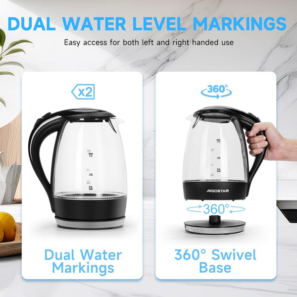 Aigostar Adam 30KHH Glass Electric Kettle, 2200W Fast Boil, 1.7L BPA-Free Water Boiler with LED Light, Auto Shut-Off & Boil-Dry Protection, Borosilicate Glass, Black