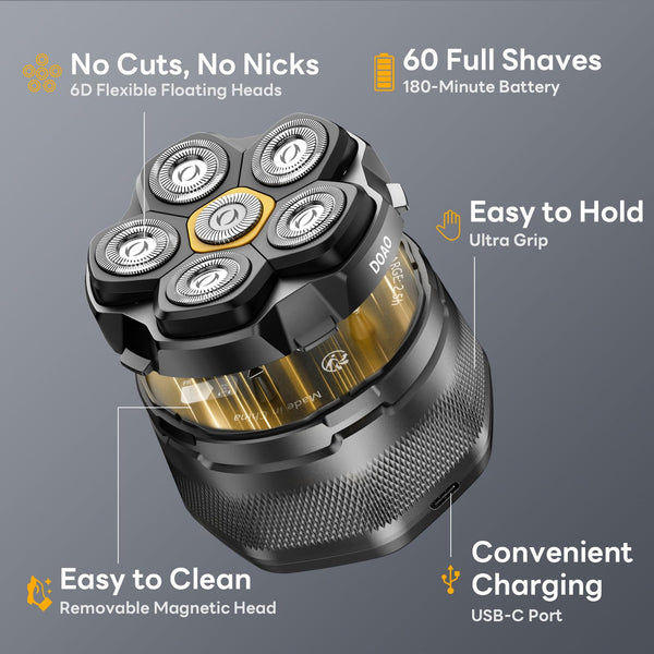 Head Shavers for Men, IPX7 Waterproof, 6D Magnetic Self-Sharpening Steel Blades, Smooth Shave in 3 Minutes, Wet & Dry, 180-Min Usage, Type-C Fast Charge, Easy Clean, LED Display, Gifts for Men