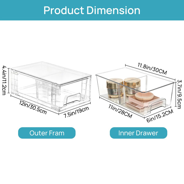 Vtopmart 4 Pack Stackable Storage Drawers,Clear Acrylic Drawer Organizers with Handles, Easily Assemble for Fridge, Bathroom,Kitchen Undersink,Cabinet,Pantry Organization and Storage