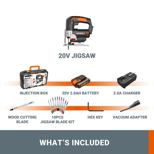 WORX 18V(20V MAX) Cordless Jigsaw WX543.2 Jig Saw 24mm, 4 Position Pendulum, Tool-free Quick Blade Change, LED Light, ±45 ° Bevel Capacity, Speed Control, PowerShare, 1* 2.0Ah Battery, 1* 2A Charger