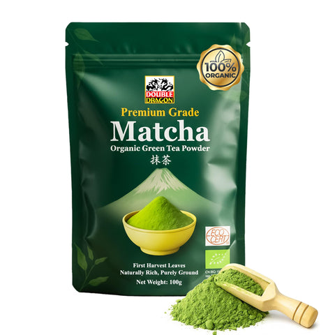 Double Dragon Organic Match Green Tea Powder 100g - Premium Ceremonial Grade Japanese Stone-Ground Matcha Powder | Antioxidant Rich Matcha Tea for Lattes, Smoothies & Baking | Vegan and Gluten-free