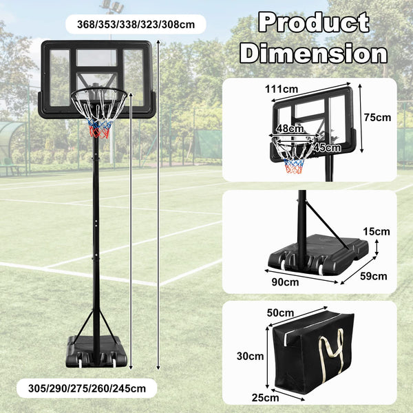 GYMAX Basketball Hoop and Stand, 12FT Portable Basketball Set with 44" Backboard, Wheels, Stable Base & Secure Bag, Professional Basketball Hoop System for Outdoor Indoor (308-368cm)