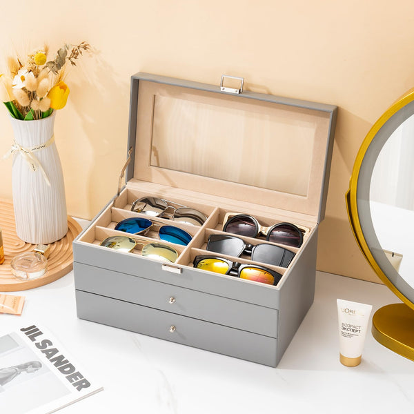 ProCase 3-layer Sunglasses Storage Organizer, 18 Slots Leather Sunglass Box Multiple Pairs Eyeglass Cases Eye Glass Eyewear Display Holder for Men Women -Grey