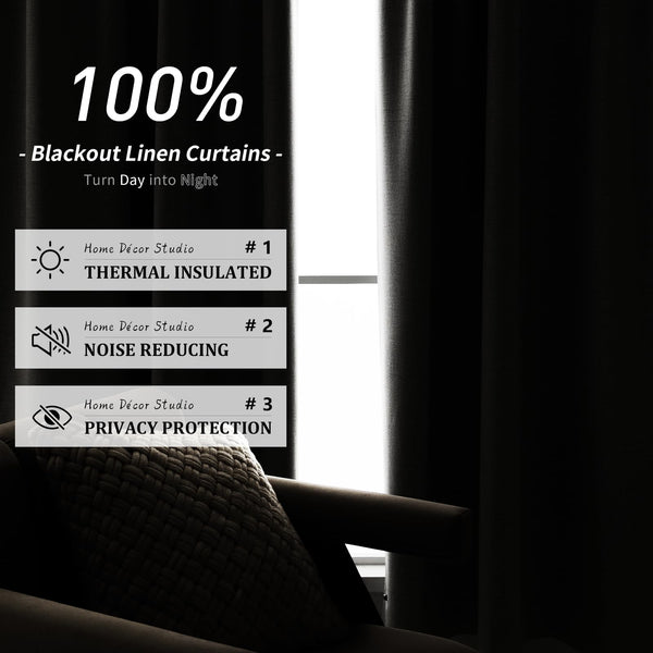 PANGSINNE 100% Blackout Linen Curtains 96 inch Length - 2 Panels Set Thermal Insulated Black Out Drapes for Living Room Bedroom Back Tab/Rod Pocket Room Darkening Window Curtain 8 FT