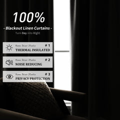 PANGSINNE 100% Blackout Linen Curtains 96 inch Length - 2 Panels Set Thermal Insulated Black Out Drapes for Living Room Bedroom Back Tab/Rod Pocket Room Darkening Window Curtain 8 FT